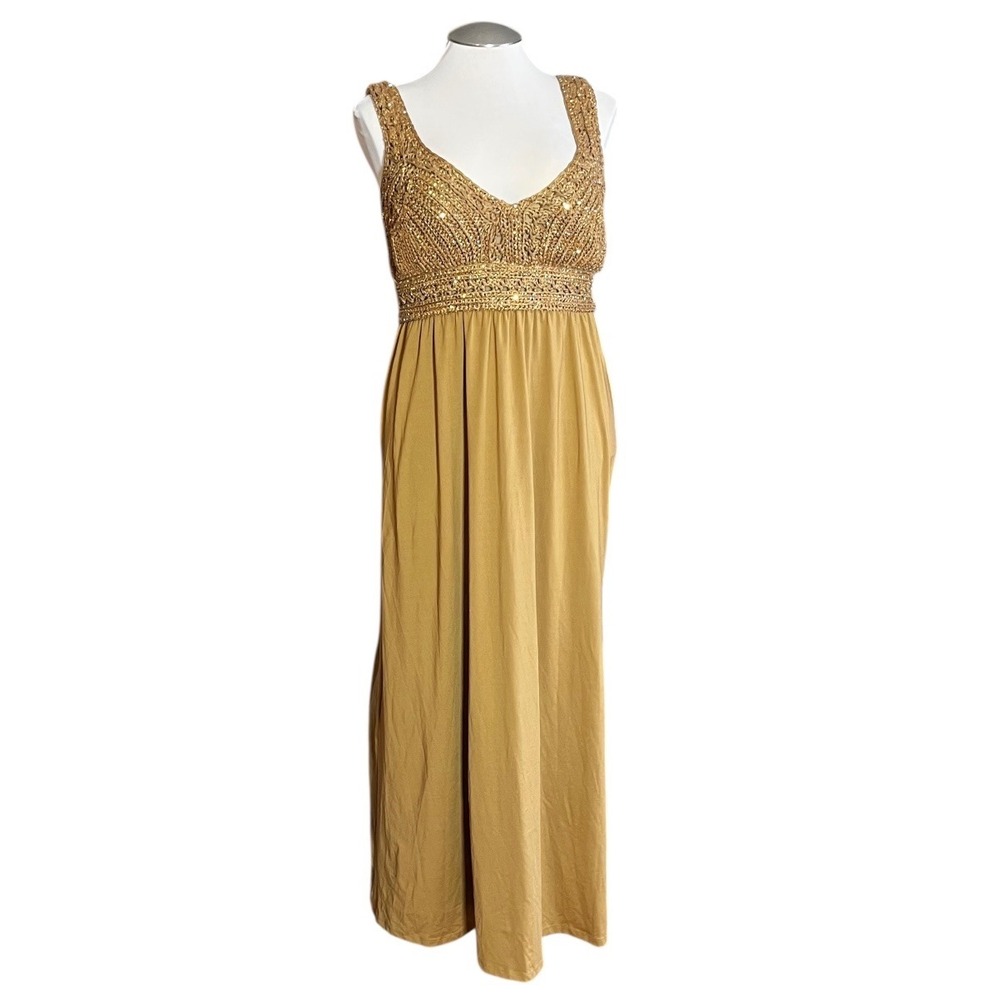 Boston Proper Women's‎ Gold Beaded Crochet Empire Waist Maxi Dress Slit